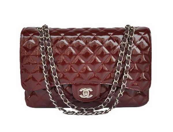 AAA Chanel A28601 Bordeaux Patent Leather Jumbo Flap Bag Silver Hardware Replica